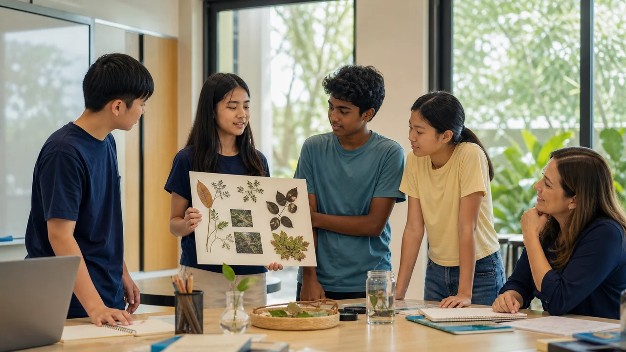 不同国家的学生共同完成植物观察任务，老师在旁指导
